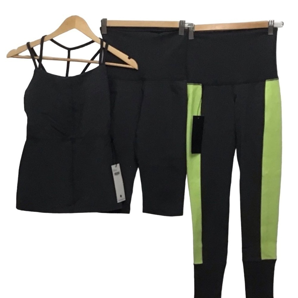 Karma NWT 3-piece activewear set matching high-rise leggings, biker shorts  tank
